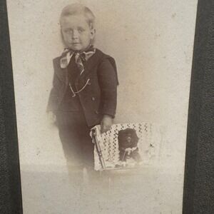 Antique Photo Boy‎ in Suit With Stuffed Toy Early 1900s Mounted Sepia Portrait